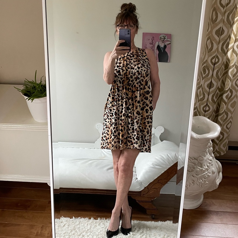 CALVIN KLEIN LEOPARD LRINT OPEN FIT SLEEVELESS DRESS POCKETS LINED BROWN TAN